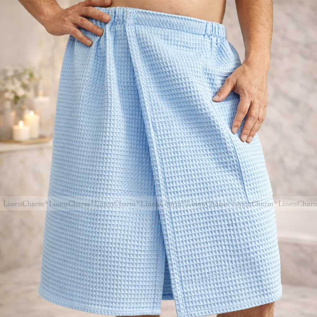 Light blue textured shorts worn by a person with a neutral background