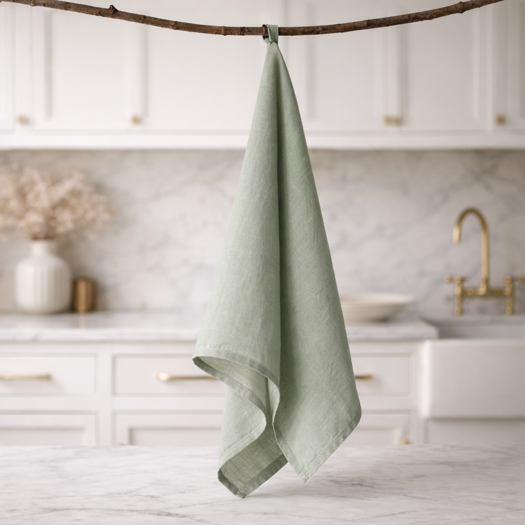 Green towel hanging from a branch in a kitchen setting