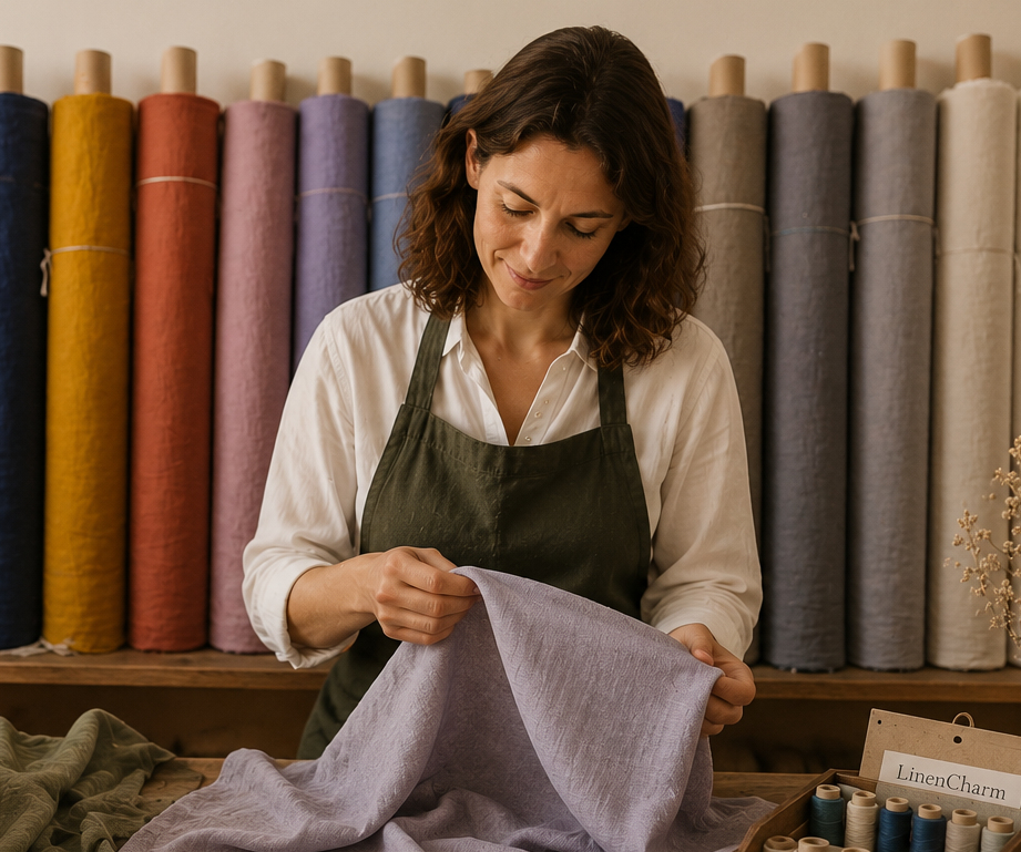 Woman working with fabric in a room filled with colorful fabric rolls and yarn.