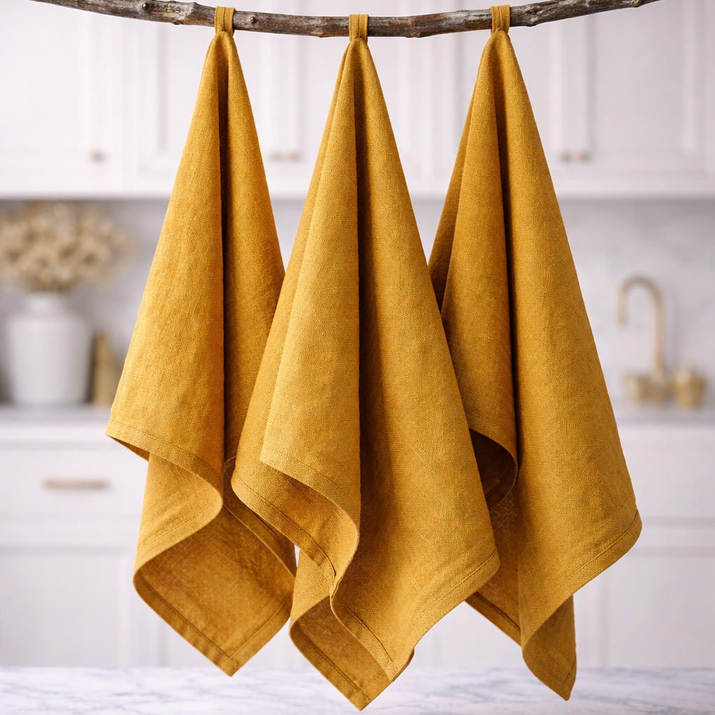 Three mustard yellow towels hanging on a branch in a kitchen.