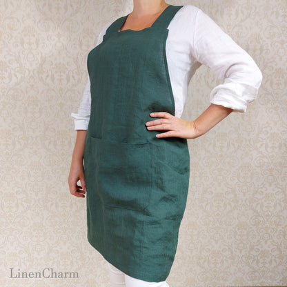 Japanese apron, linen apron, pinafore apron, linen apron with pockets, cross back apron