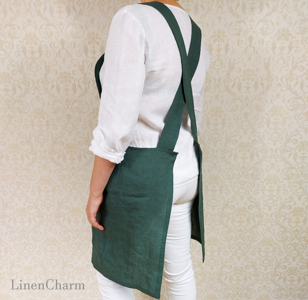 Japanese apron, linen apron, pinafore apron, linen apron with pockets, cross back apron