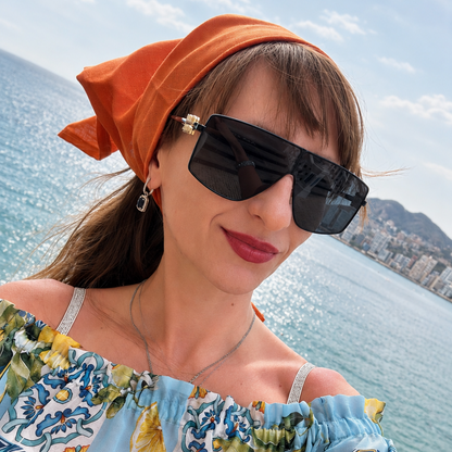 Orange linen hair wrap made from 100% European linen with a lightweight design