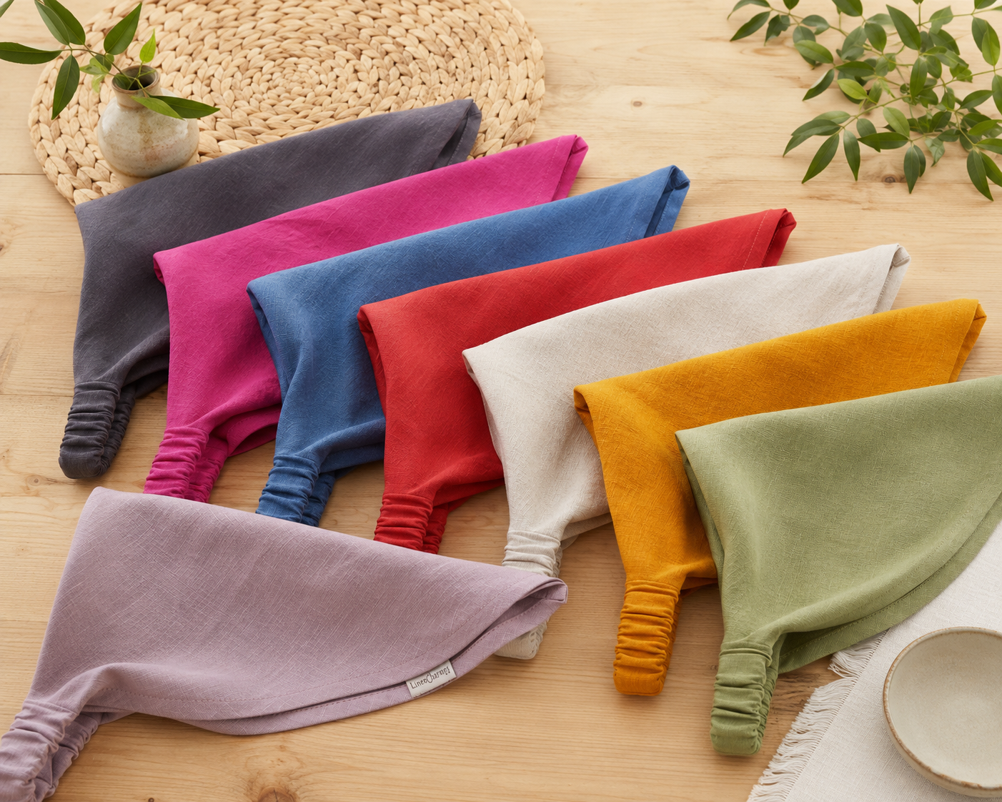 Six fabric bandana napkins in assorted colors including gray, magenta, blue, red, cream, mustard yellow, and sage green, arranged diagonally on a light wood tabletop with decorative plants and a woven placemat.
