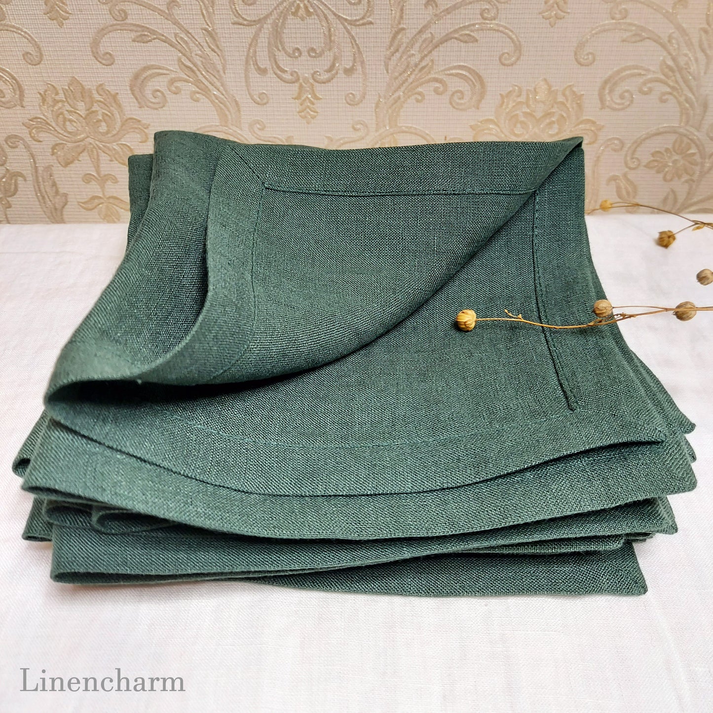 Green Linen Napkins, Eco Friendly Tableware, Sustainable Home Decor, Linen Napkins, Reusable Napkins, Green Dining Essentials, Table Decor Inspo, Natural Linen Napkins, Eco Chic Dining, Elegant Table Setting