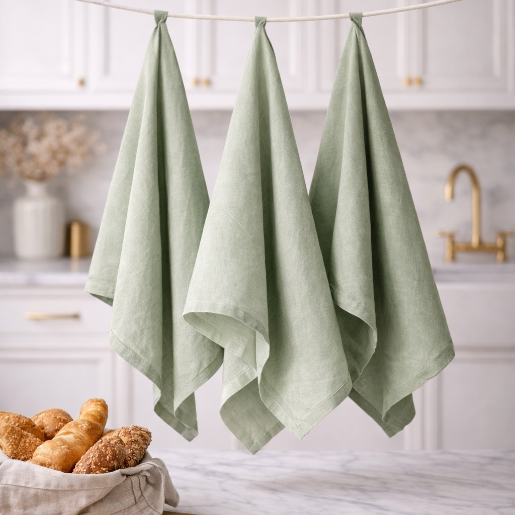 Three green towels hanging on a line in a kitchen with bread and a cutting board.