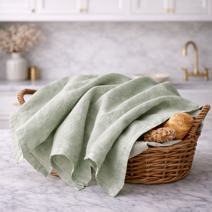 Green towel draped over a wicker basket with bread on a marble countertop.