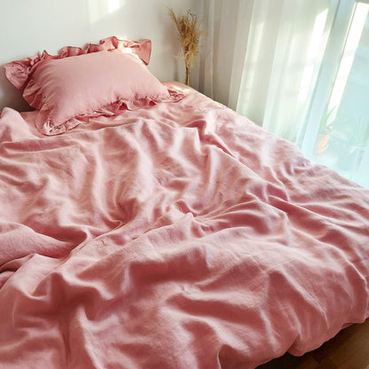 Linen Bedding Set in Vintage Pink Color, Stonewashed Linen