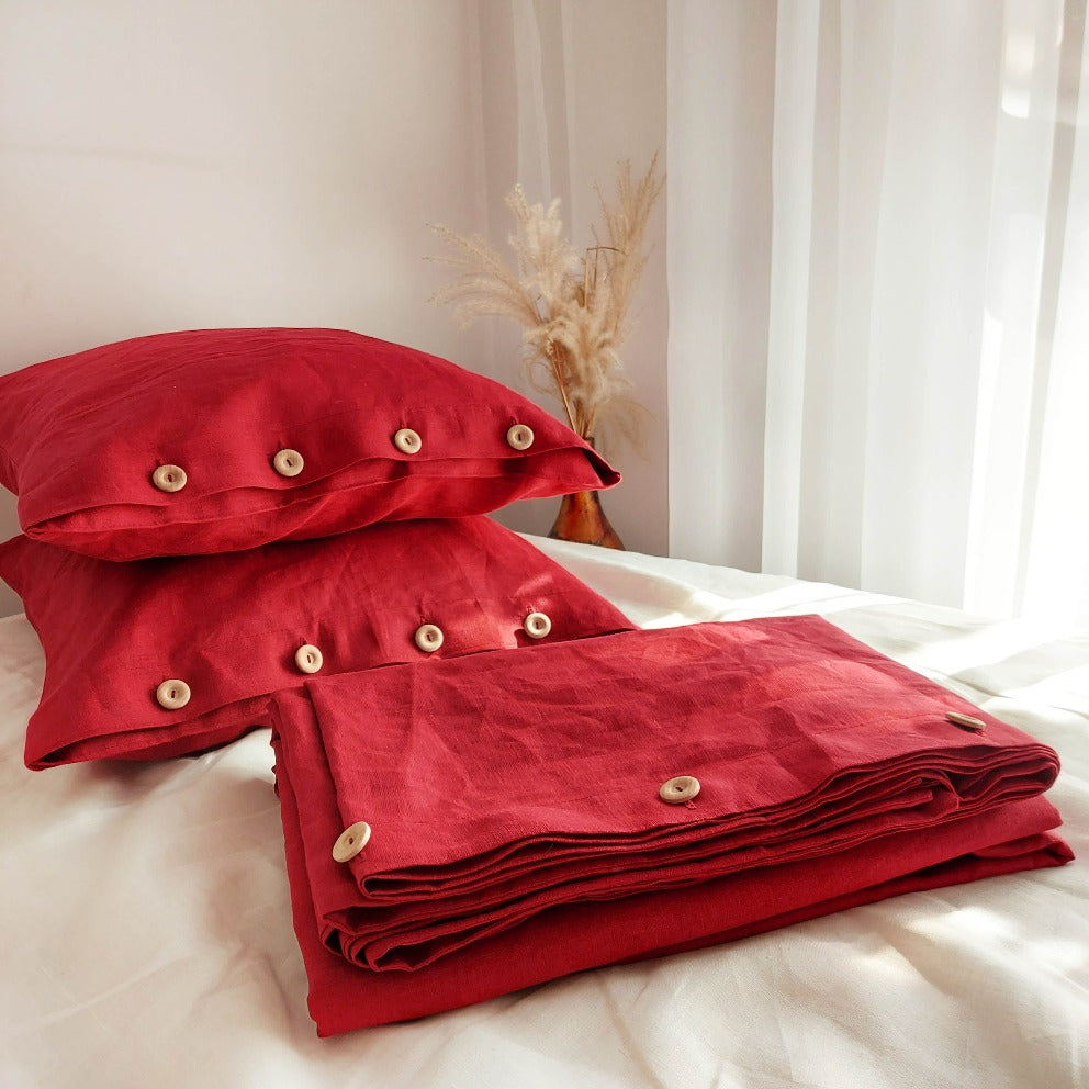 Red linen bedding set, red duvet cover, red pillowcase