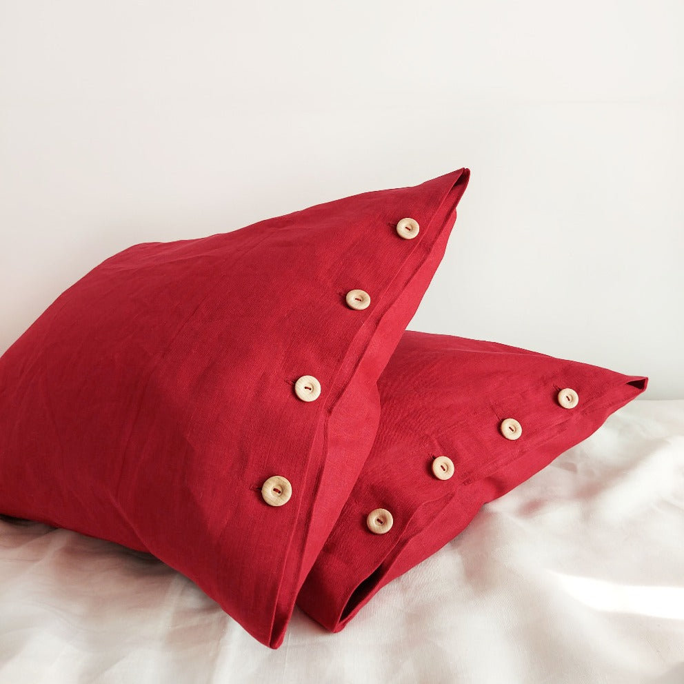 Linen pillow covers, red pillowcases, pillow cover with buttons 