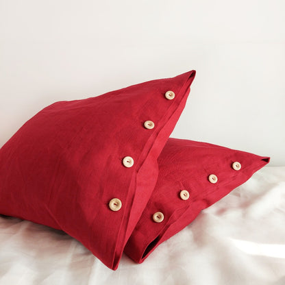 Linen pillow covers, red pillowcases, pillow cover with buttons 