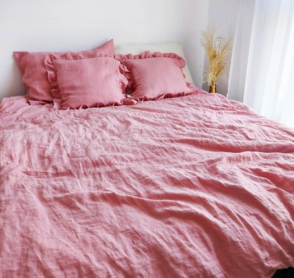 Linen Bedding Set in Vintage Pink Color, Stonewashed Linen, Pillowcase with Ruffles