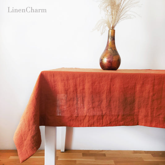 Natural Linen Tablecloth, Stonewashed Linen Tablecloth, 205g/m2 Red Brick