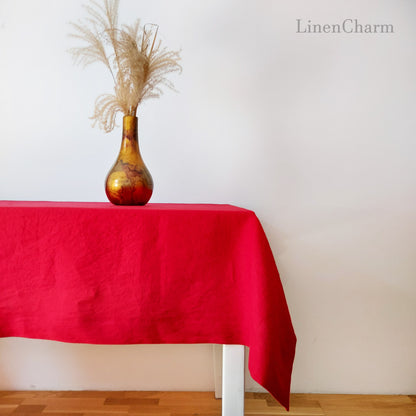 Natural Linen Tablecloth, Stonewashed Linen Tablecloth, 205g/m2 Red