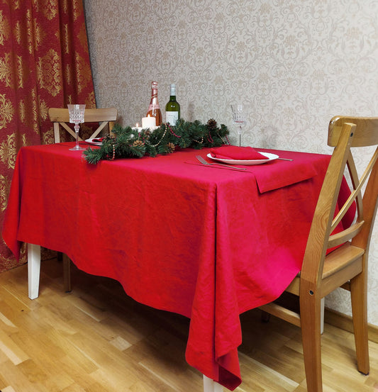 Natural Linen Tablecloth, Stonewashed Linen Tablecloth, 250g/m2 Red