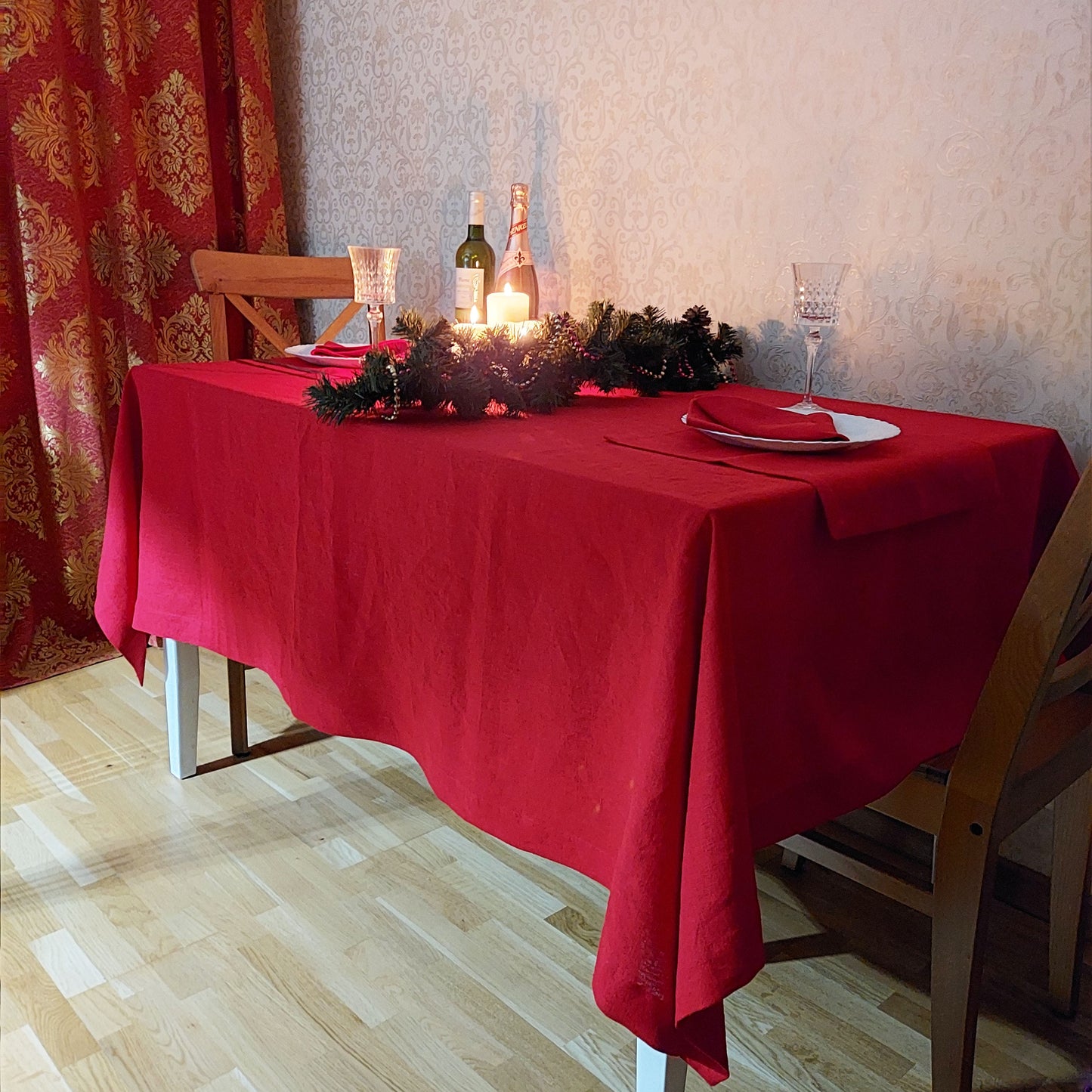 Natural Linen Tablecloth, Stonewashed Linen Tablecloth, 250g/m2 Red