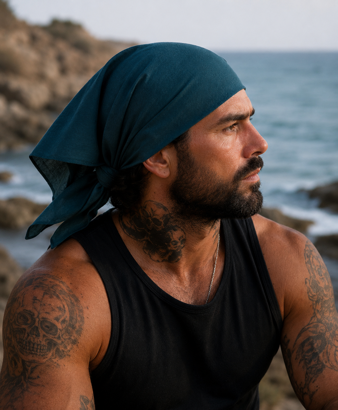 A man with tattoos wearing a dark teal bandana and a black tank top, sitting on a rocky beach with the ocean in the background.