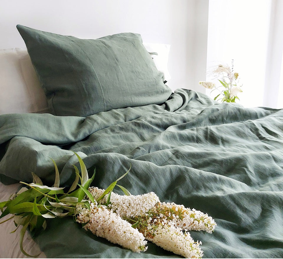 Linen Bedding Set in Dark Green Color, Stonewashed Linen