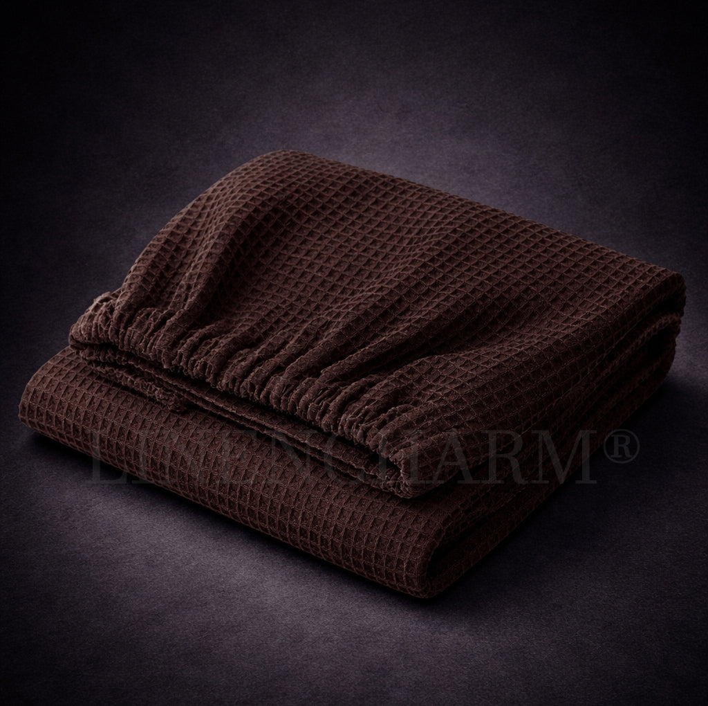 Folded brown textured towel wrap on a dark background