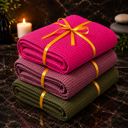 Stack of folded towels with yellow ribbons on a dark surface with a candle and stones in the background.