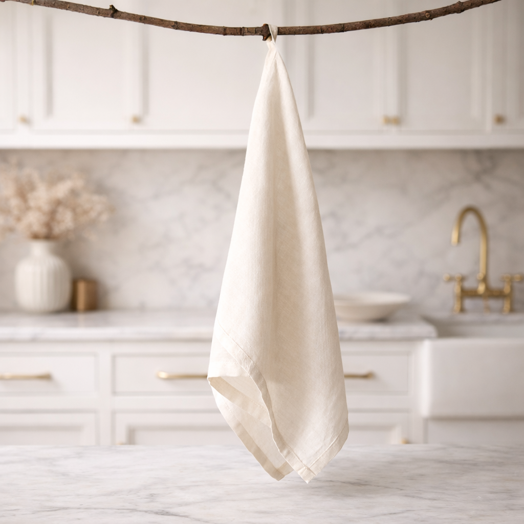 Ecru towel hanging from a branch in a kitchen setting