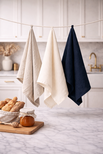 Three kitchen towels hanging on a line with bread and jam on a marble countertop.