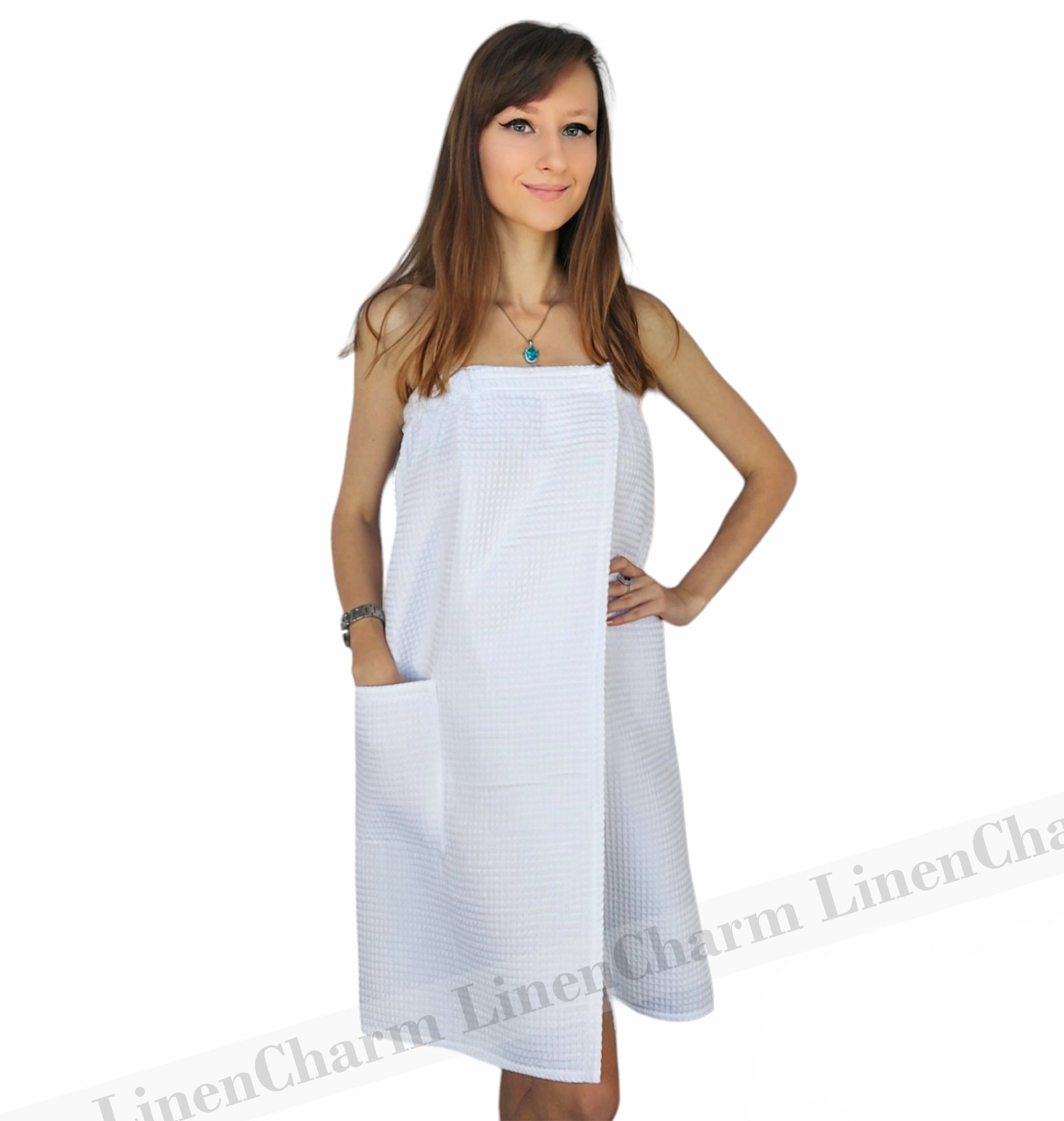 ladies towel dress Sauna Wrap Towel Dress, Straps & Pocket - White | S/M