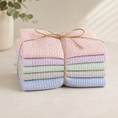 A stack of four folded waffle-weave cloths in soft pastel pink, lavender, mint green, and light blue, tied together with natural jute string on a light beige surface.