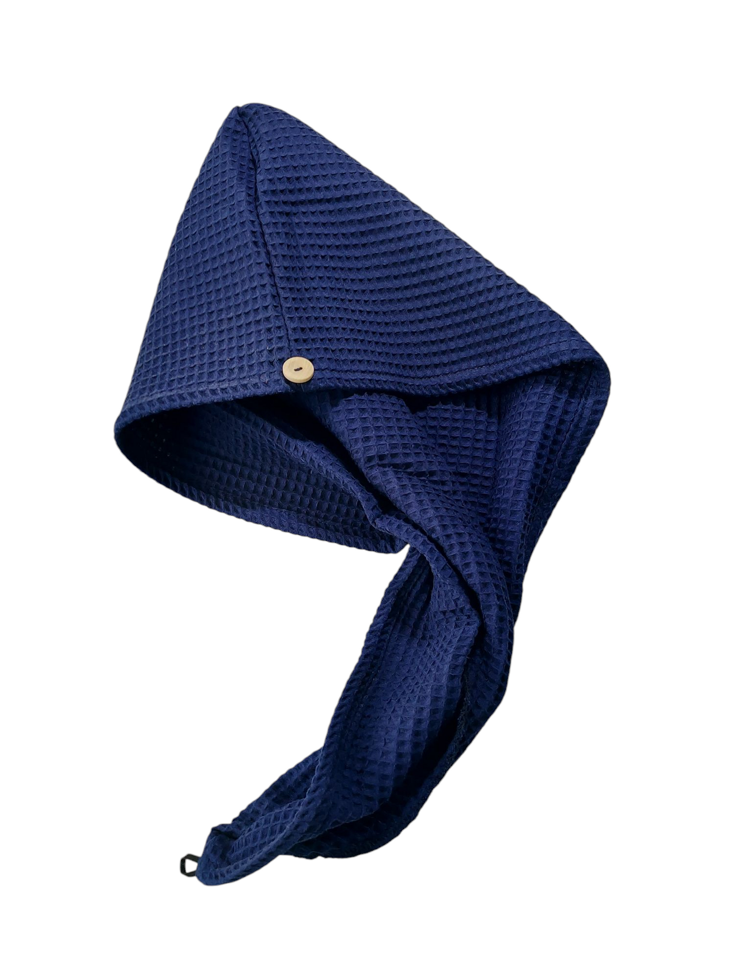 Blue hooded towel with a button on a white background