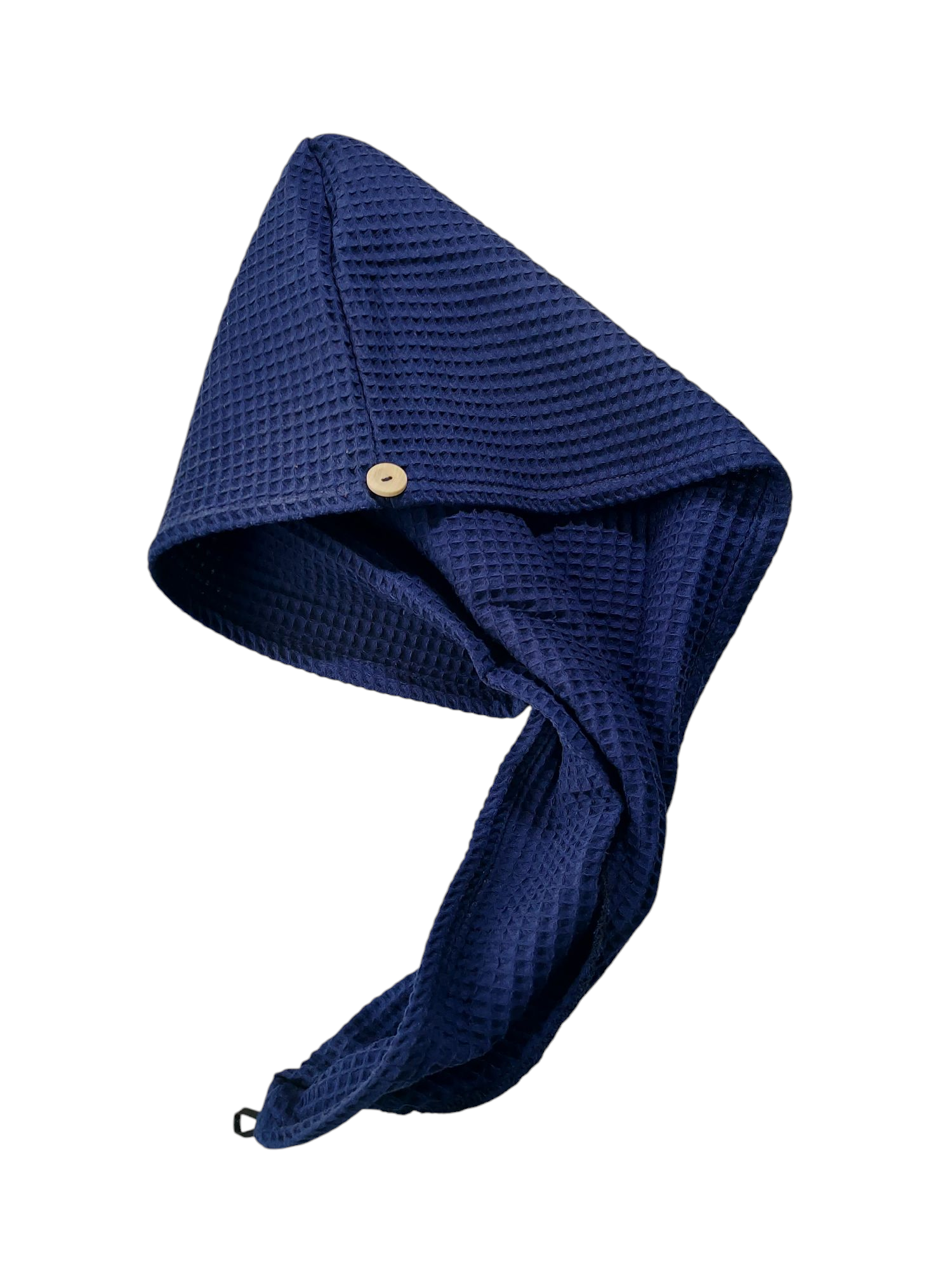 Blue hooded towel with a button on a white background