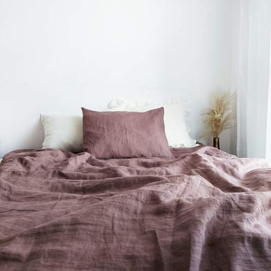 Linen Bedding Set in Coffee Rose Color, Stonewashed Linen