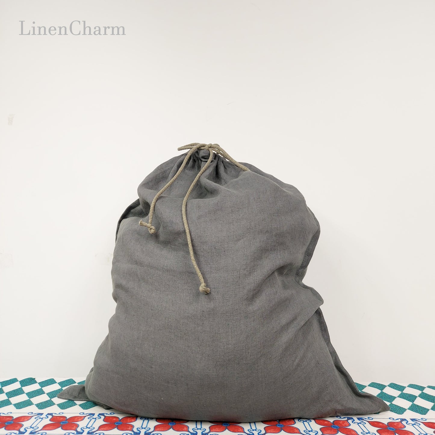 linen laundry bag. linen storage bag, gray linen bag, Laundry bag with drawstring closure