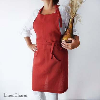 Stonewashed Linen apron. Kitchen apron for Women. Kitchen Apron for Men. Red Apron.