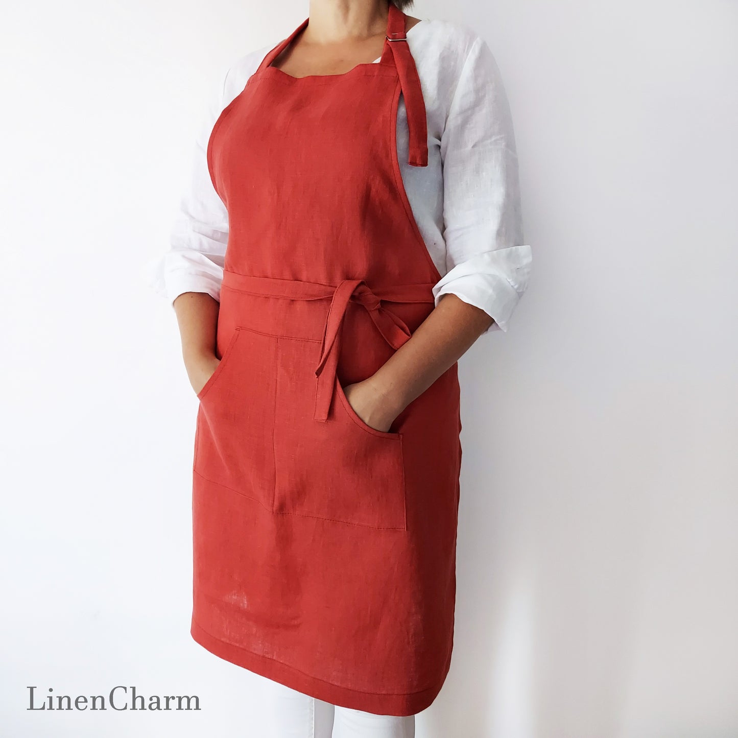 Stonewashed Linen apron. Kitchen apron for Women. Kitchen Apron for Men. Red Apron. Comfortable kitchen apron.