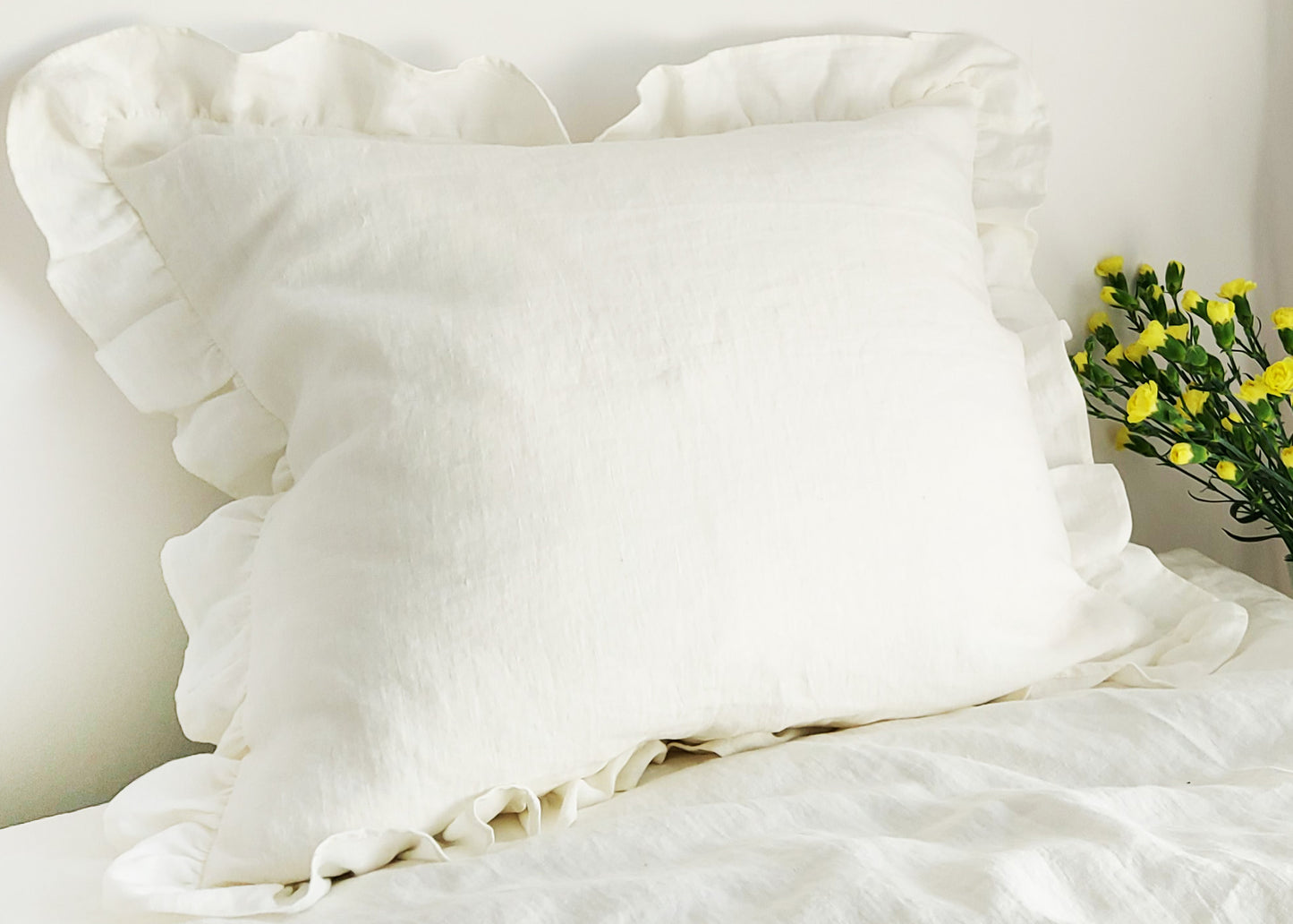 Ecru linen pillowcase with ruffle, linen stonewashed