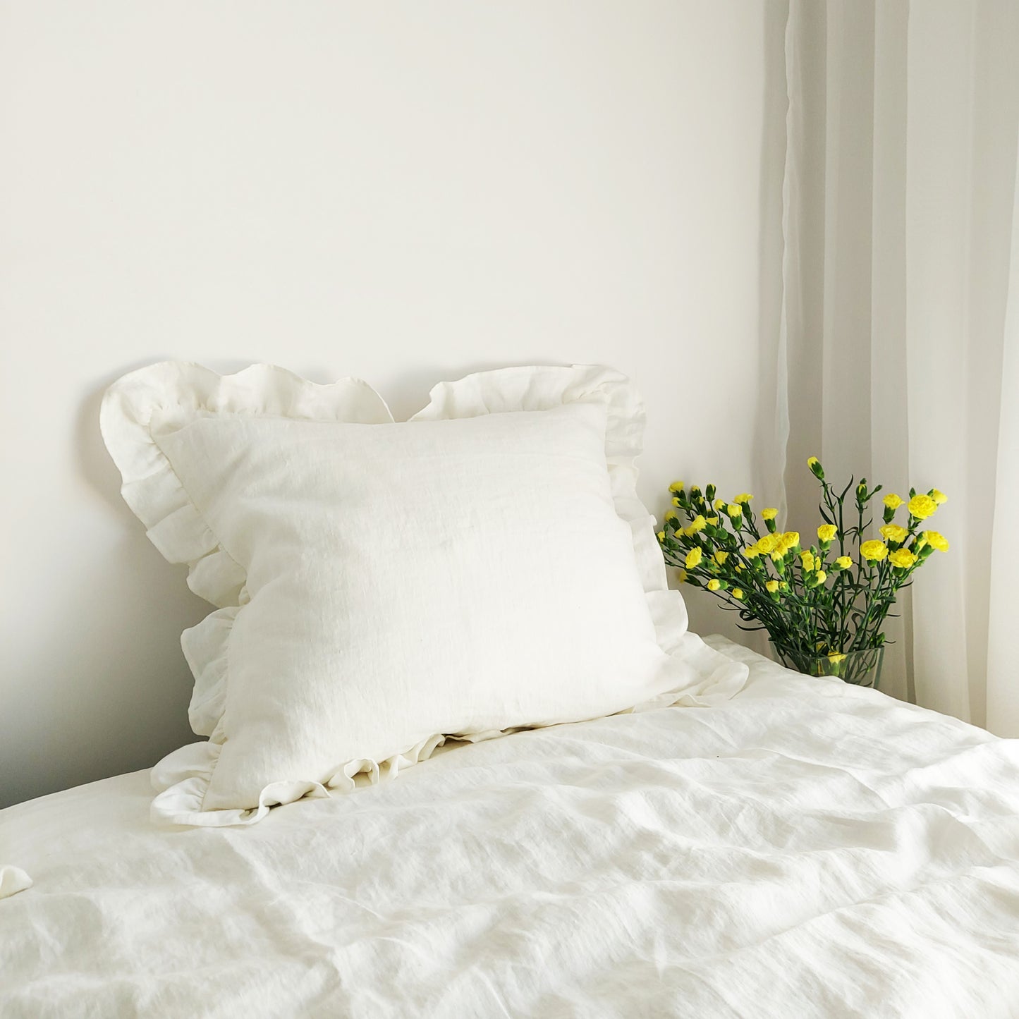 Ecru linen pillowcase with ruffle, linen stonewashed