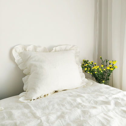 Ecru linen pillowcase with ruffle, linen stonewashed