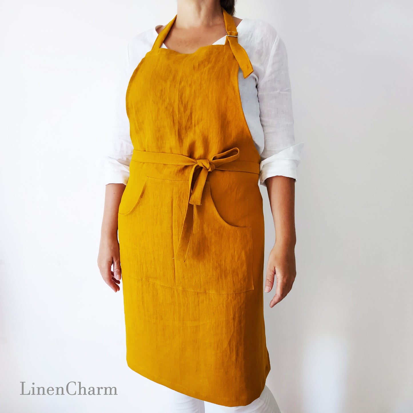 Stonewashed Linen apron. Kitchen apron for Women. Kitchen Apron for Men. Mustard Apron.