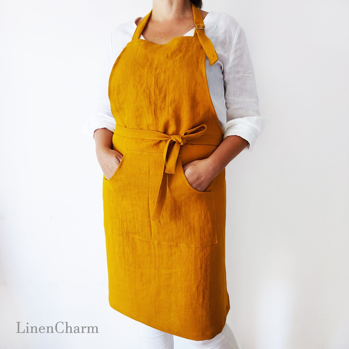 Stonewashed Linen apron. Kitchen apron for Women. Kitchen Apron for Men. Mustard Apron.