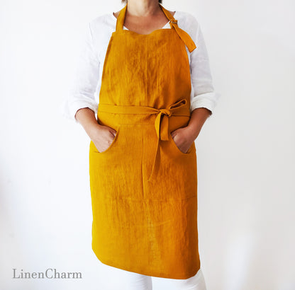 Stonewashed Linen apron. Kitchen apron for Women. Kitchen Apron for Men. Mustard Apron.