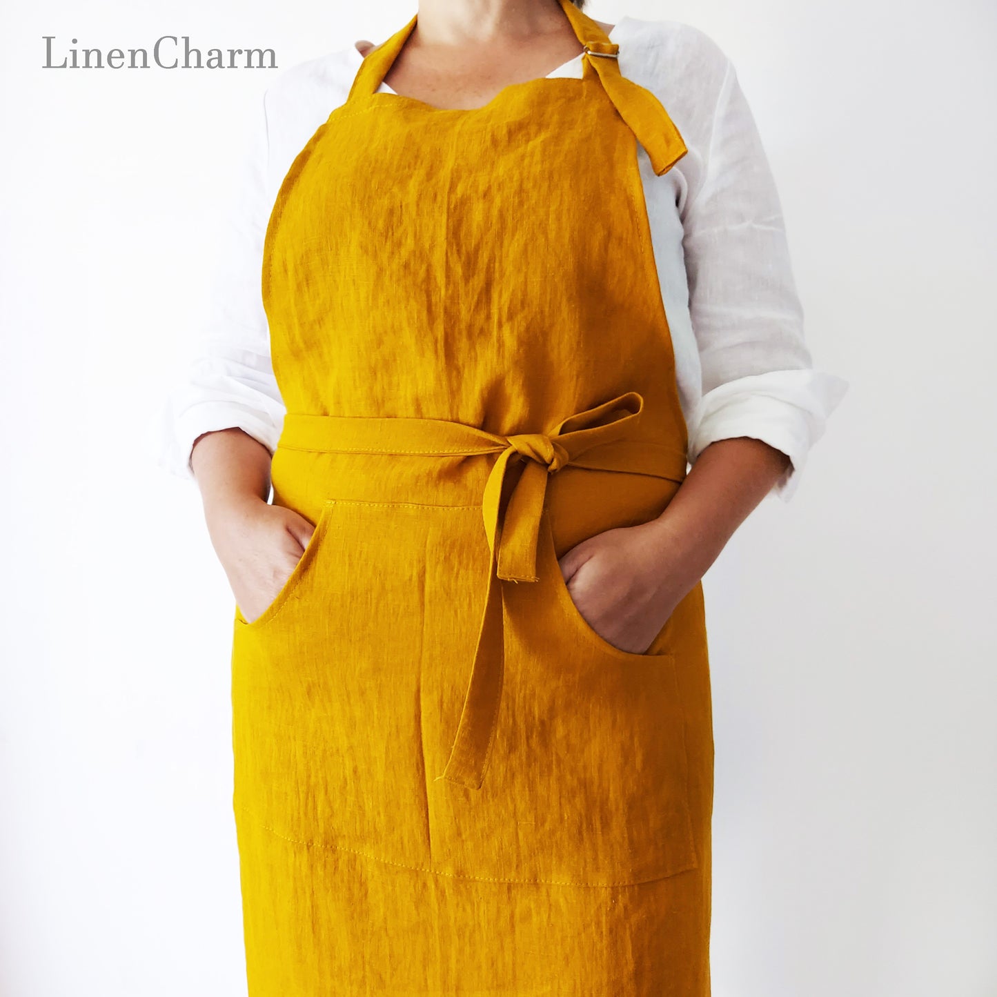 Stonewashed Linen apron. Kitchen apron for Women. Kitchen Apron for Men. Mustard Apron.