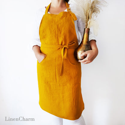 Stonewashed Linen apron. Kitchen apron for Women. Kitchen Apron for Men. Mustard Apron.