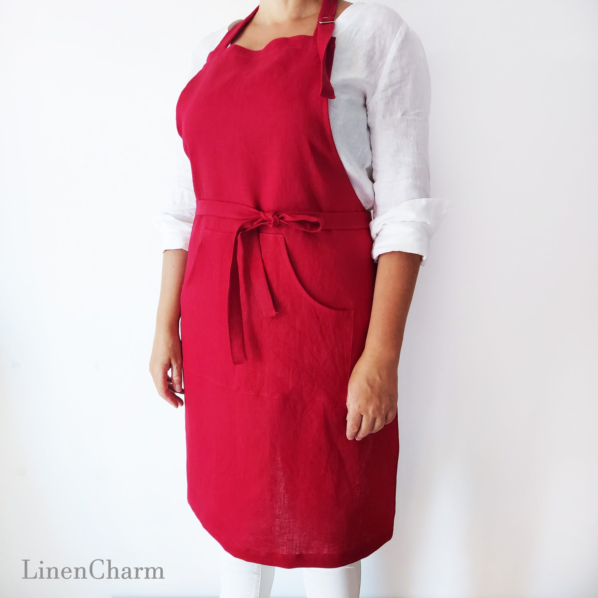 Stonewashed Linen apron. Kitchen apron for Women. Kitchen Apron for Men. Red Apron.