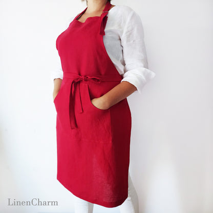 Stonewashed Linen apron. Kitchen apron for Women. Kitchen Apron for Men. Red Apron.
